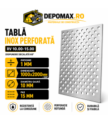 Tabla inox perforata AISI 304 RV 10.00-15.00, 1 x 1000 x 2000 mm, 2 mp